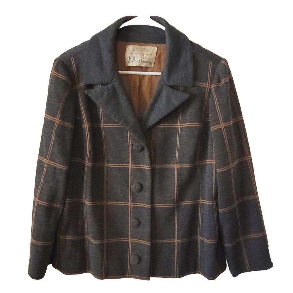 Vintage Miller And Rhoads Plaid Wool Suit JACKET Gray Silk Lined Virginia Room
